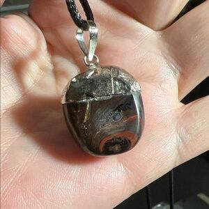 Handmade Polished Stone Pendant Necklace - Brown with Orange Accent